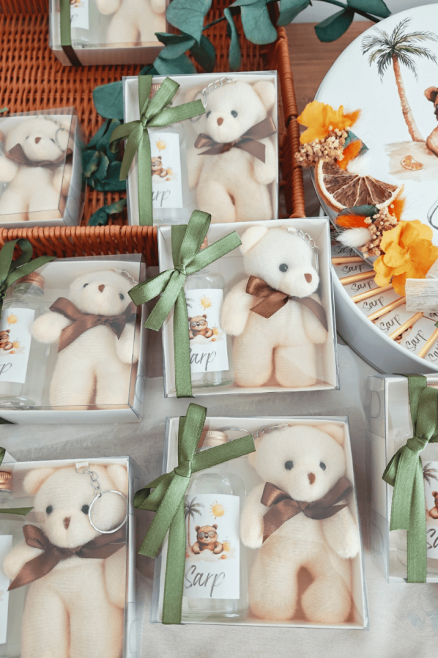 Peluş Ayıcık Anahtarlık & Cam Şişe Kolanya Kutulu Set Bebek Hediyelik