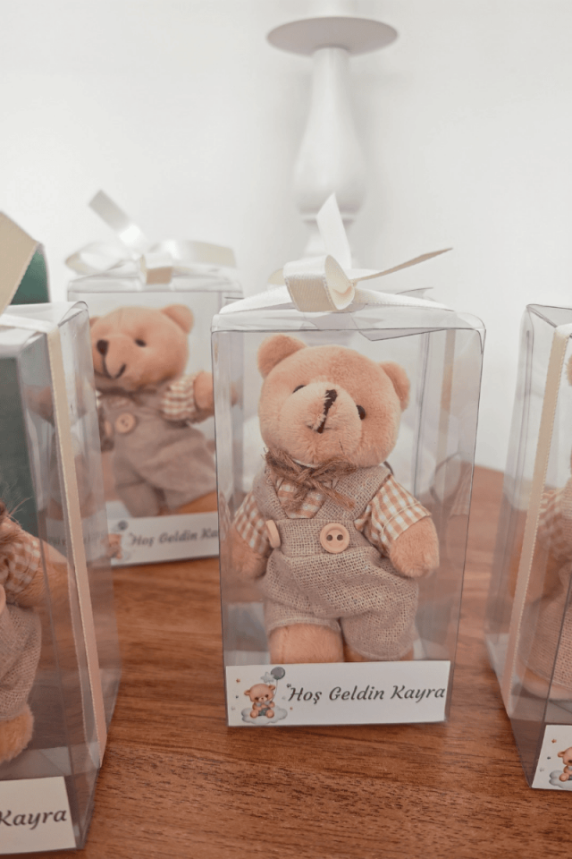 Kutulu Elbiseli Peluş Ayıcık Anahtarlık Erkek Bebek Hediyelik