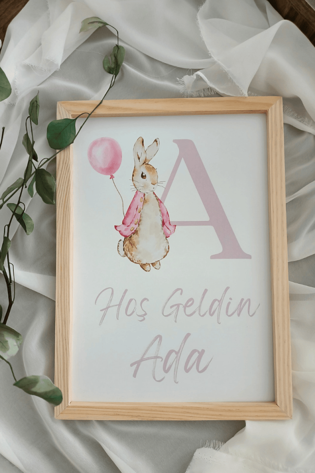 Harfli Tavşanlı Kız Bebek Kapı Süsü / Pano