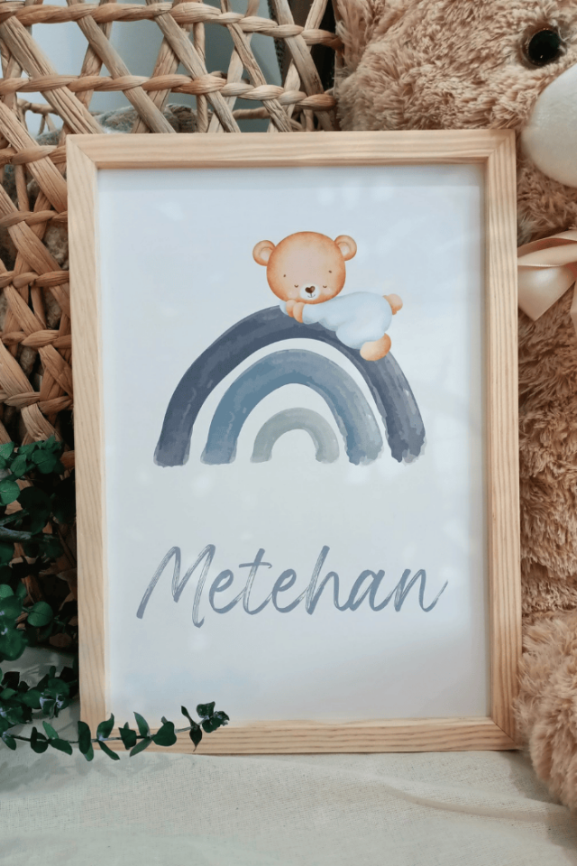 Gökkuşağı - Ayıcık Tasarımlı Erkek Bebek Kapı Süsü / Pano