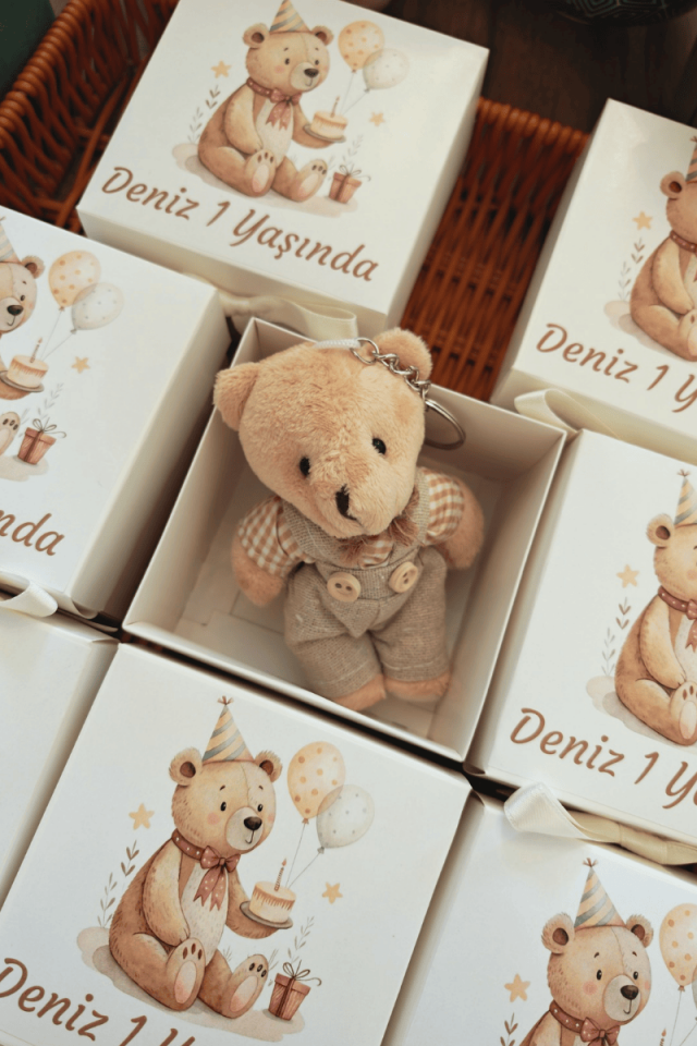 Beyaz Kutulu Elbiseli Peluş Ayıcık Anahtarlık Erkek Bebek Hediyelik