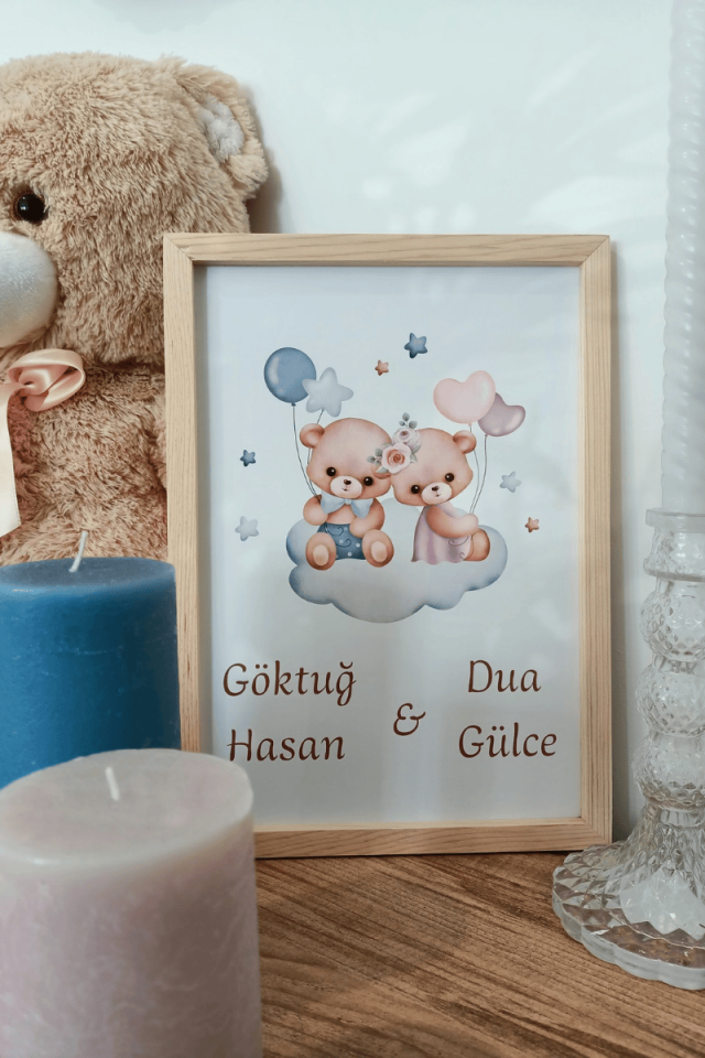 Ayıcık Tasarımlı İkiz Bebek Kapı Süsü / Pano