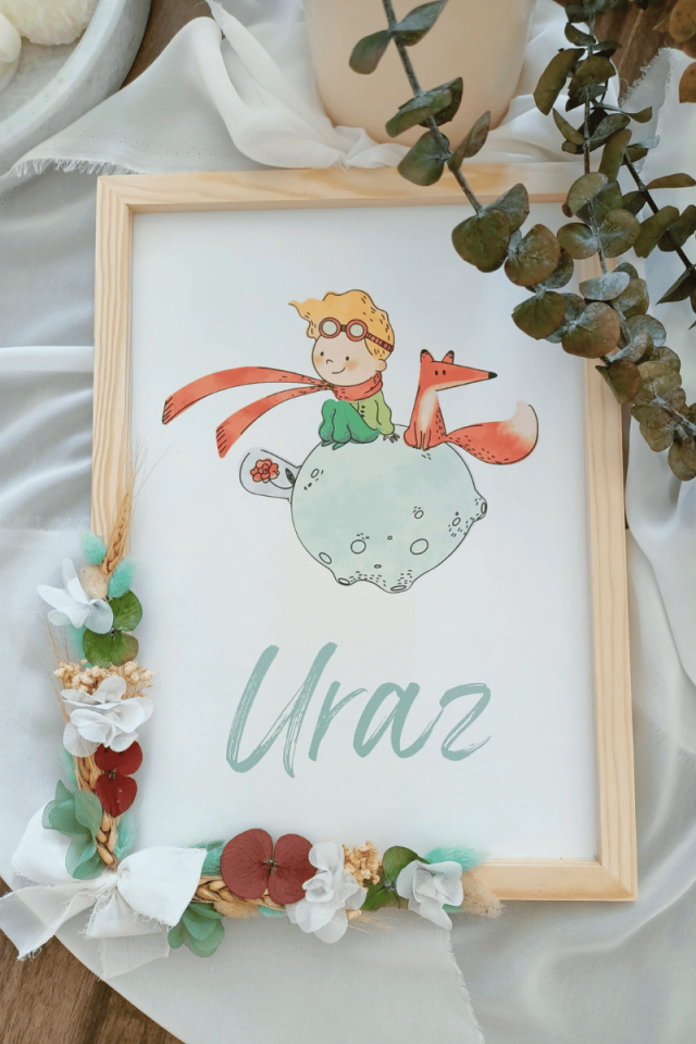 Küçük Prens Tasarımlı Çiçek Süslemeli Bebek Kapı Süsü / Pano