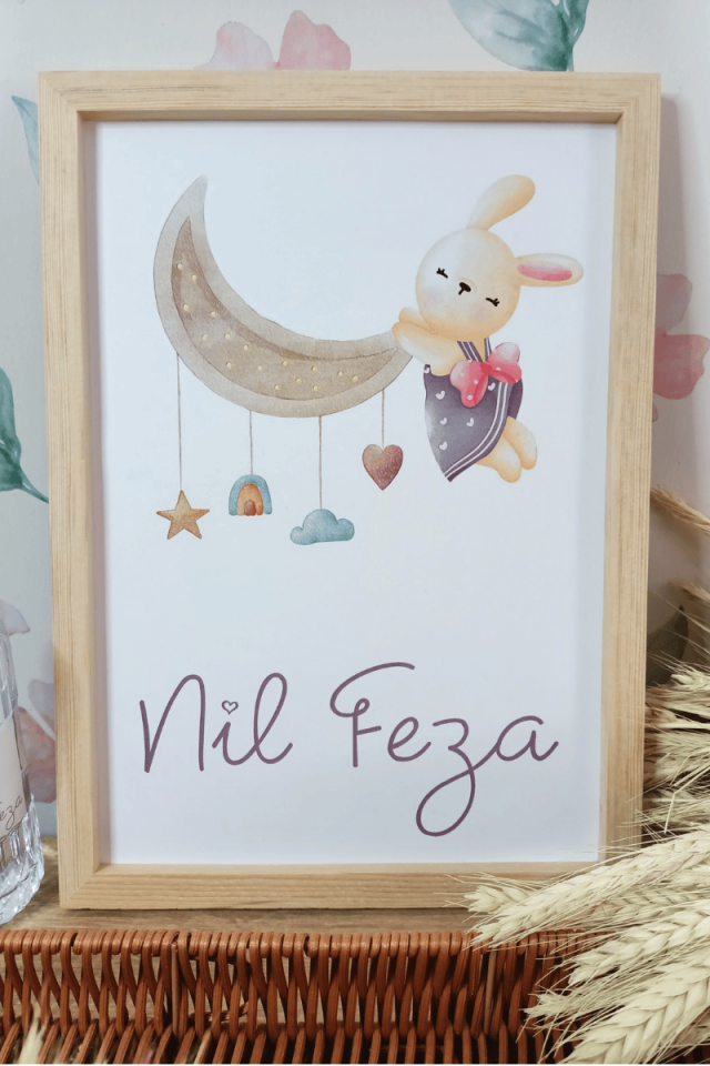 Ay Tavşan Tasarımlı Kız Bebek Kapı Süsü / Pano