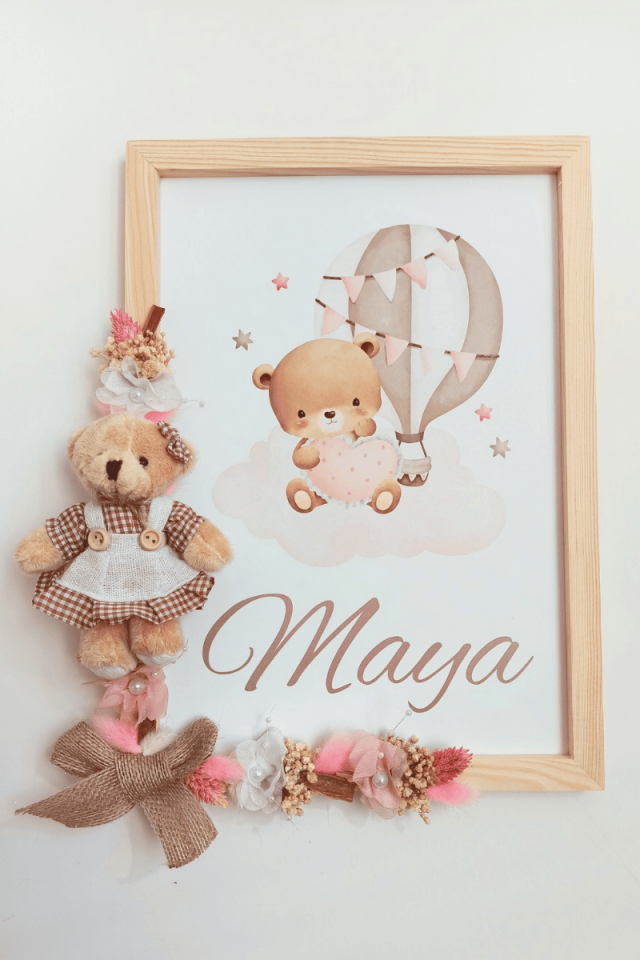 Çiçek Süslemeli - Peluş Ayıcıklı Kız Bebek Kapı Süsü / Pano