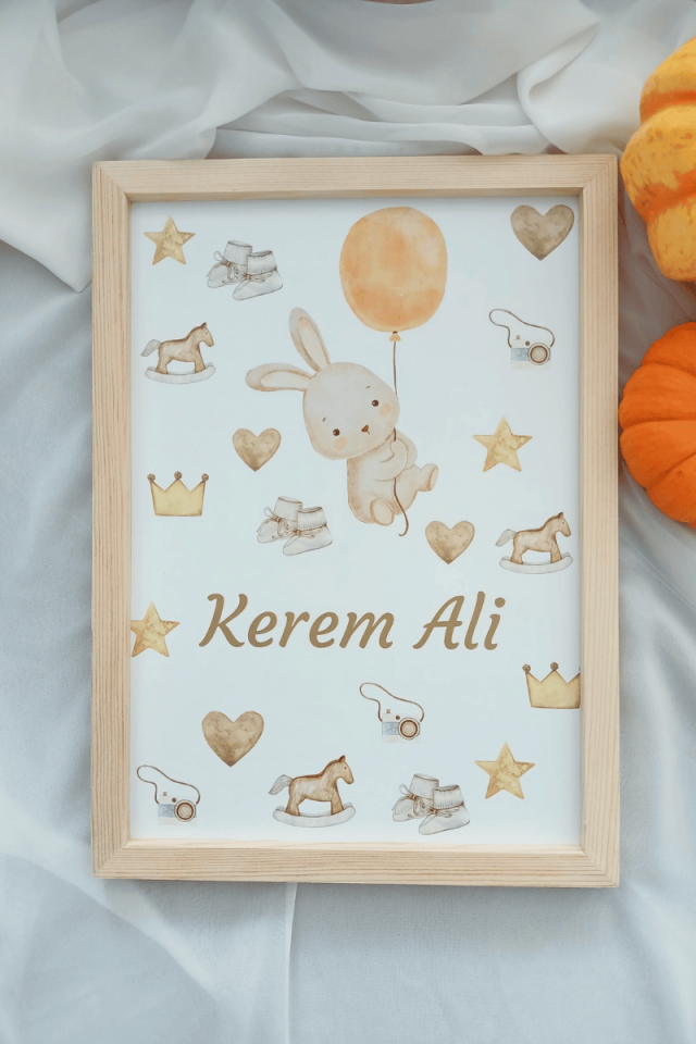 Tavşan Tasarımlı Erkek Bebek Kapı Süsü / Pano