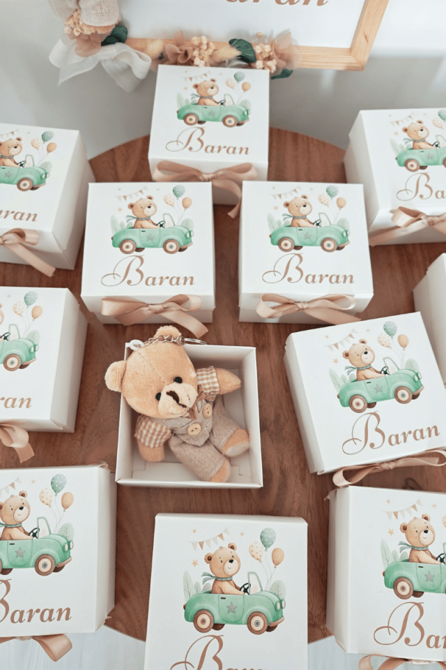 Beyaz Kutulu Elbiseli Peluş Ayıcık Anahtarlık Erkek Bebek Hediyelik