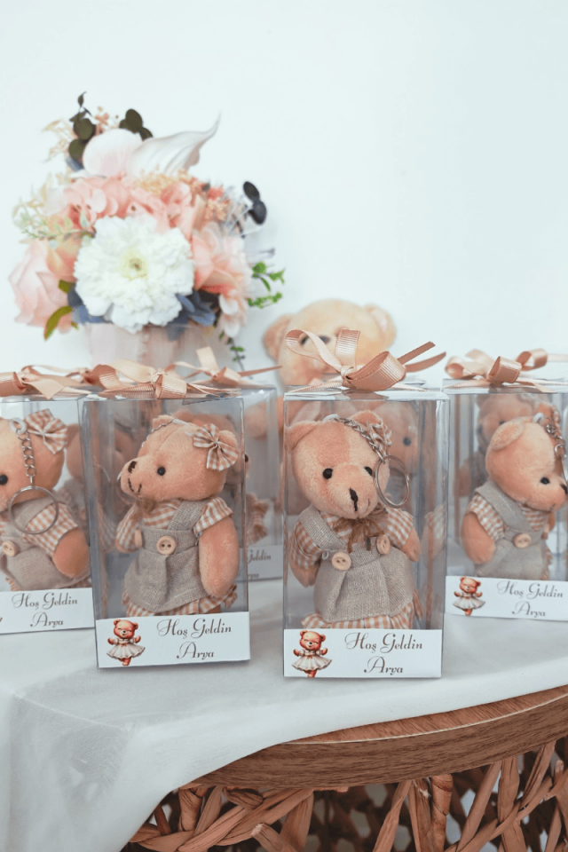 Kutulu Elbiseli Peluş Ayıcık Anahtarlık Kız Bebek Hediyelik