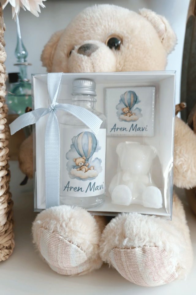 Madlen Çikolata & Cam Şişe Kolonya & Ayıcık Mum Kutulu Set Bebek Hediyelik