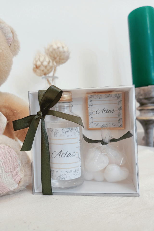Madlen Çikolata & Cam Şişe Kolonya & Mini Kalp Sabun Kutulu Set Bebek Hediyelik