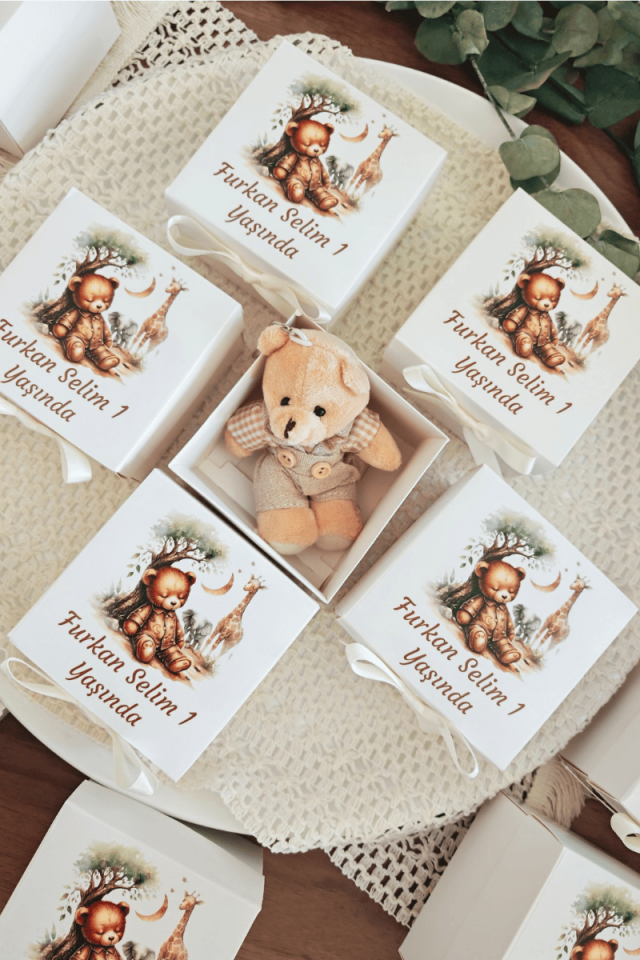 Beyaz Kutulu Elbiseli Peluş Ayıcık Anahtarlık Erkek Bebek Hediyelik