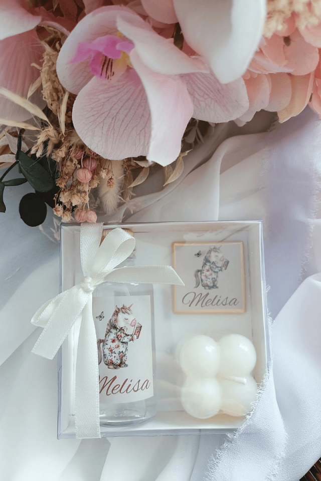 Madlen Çikolata & Cam Şişe Kolonya & Bubble Mum Kutulu Set Bebek Hediyelik