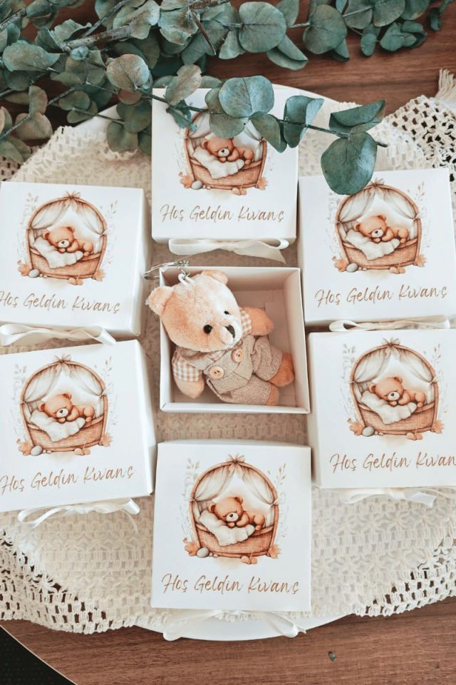 Beyaz Kutulu Elbiseli Peluş Ayıcık Anahtarlık Bebek Hediyelik
