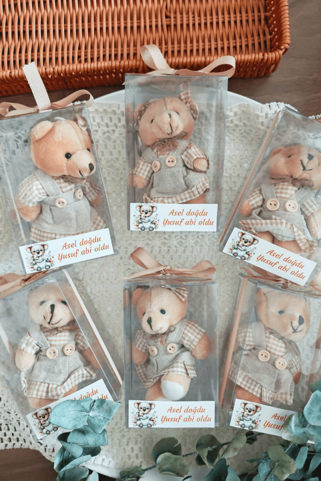 Kutulu Elbiseli Peluş Ayıcık Anahtarlık Kız Bebek Hediyelik