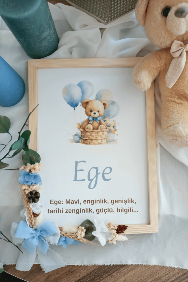 Ayıcık Tasarımlı Çiçek Süslemeli Erkek Bebek Kapı Süsü / Pano