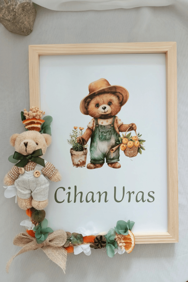 Çiçek Süslemeli - Peluş Ayıcıklı Bebek Kapı Süsü / Pano
