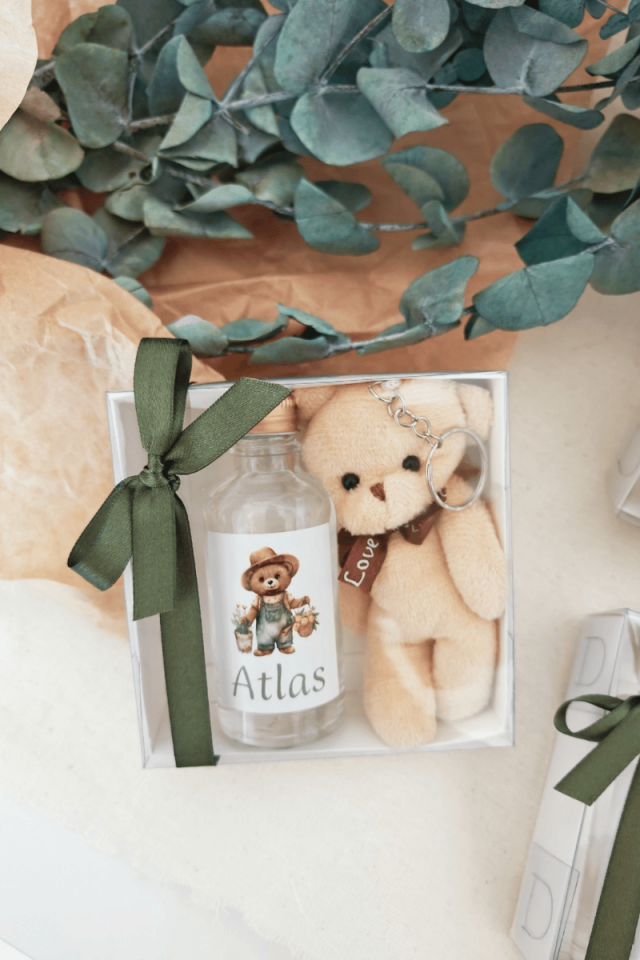 Peluş Ayıcık Anahtarlık & Cam Şişe Kolanya Kutulu Set Bebek Hediyelik