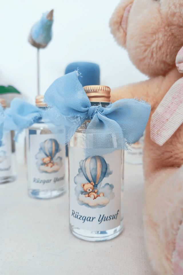 Cam Şişe Kolonya Erkek Bebek Hediyelik - Özel Kurdeleli