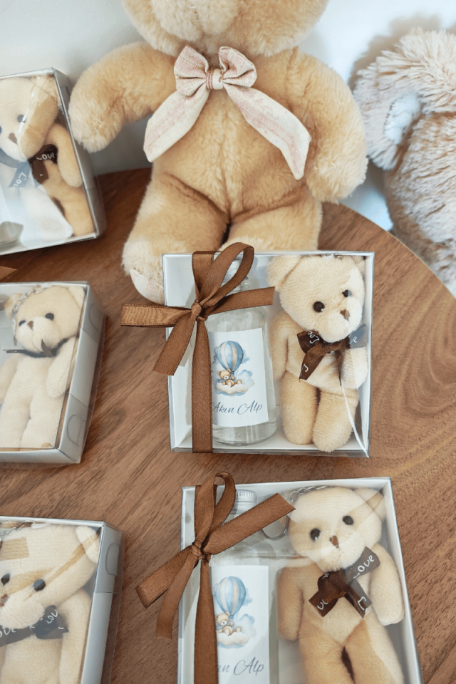 Peluş Ayıcık Anahtarlık & Cam Şişe Kolanya Kutulu Set Bebek Hediyelik