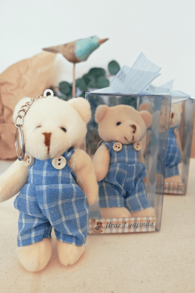 Özel Kurdeleli - Kutulu Mavi Elbiseli Peluş Ayıcık Anahtarlık Bebek Hediyelik