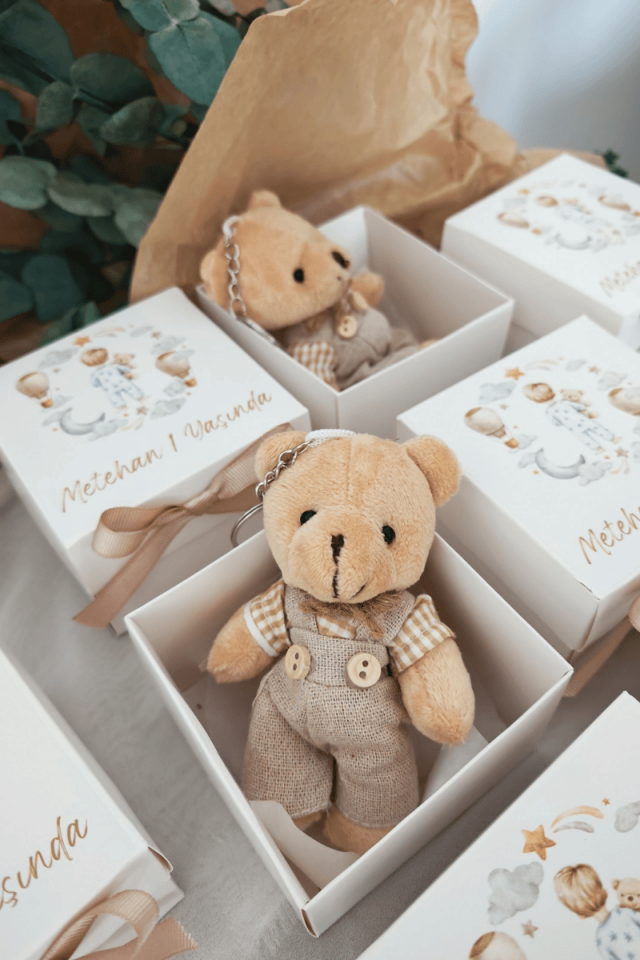 Beyaz Kutulu Elbiseli Peluş Ayıcık Anahtarlık
