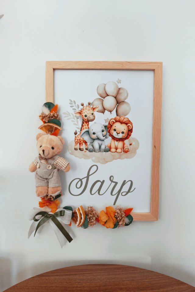 Çiçek Süslemeli - Peluş Ayıcıklı Bebek Kapı Süsü / Pano