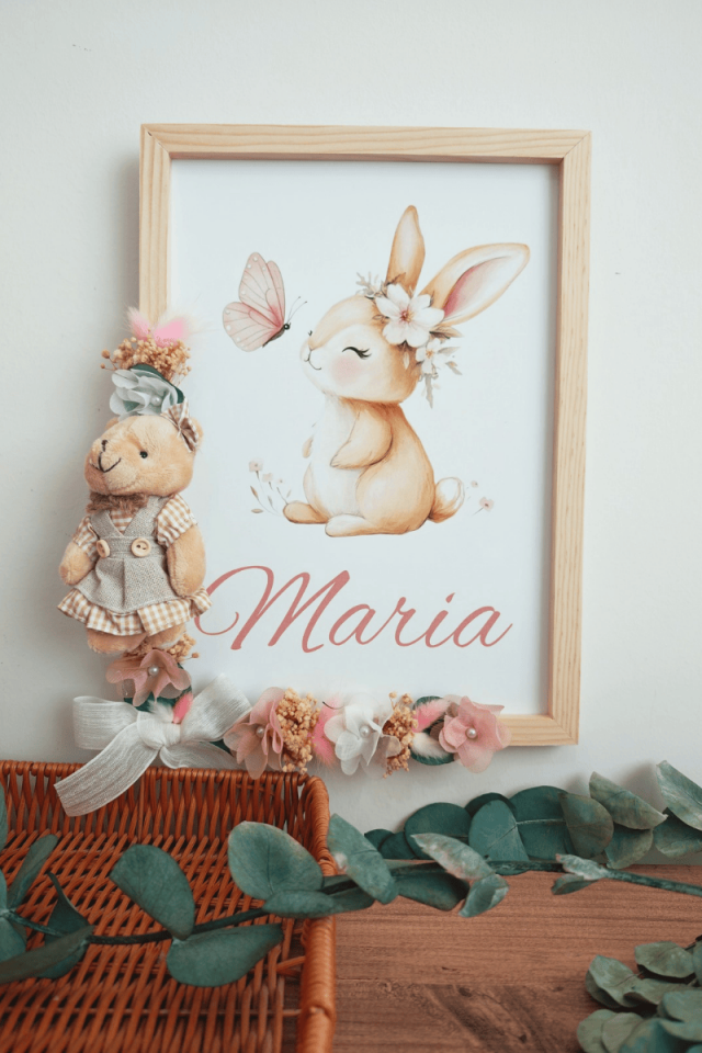 Çiçek Süslemeli - Peluş Ayıcıklı Bebek Kapı Süsü / Pano